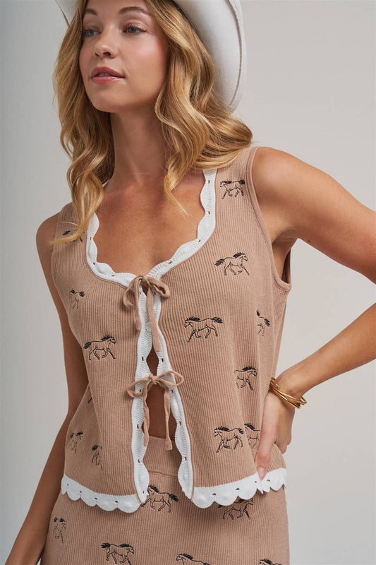 SWEATER RODEO VEST TOP WITH HORSE EMBROIDERY