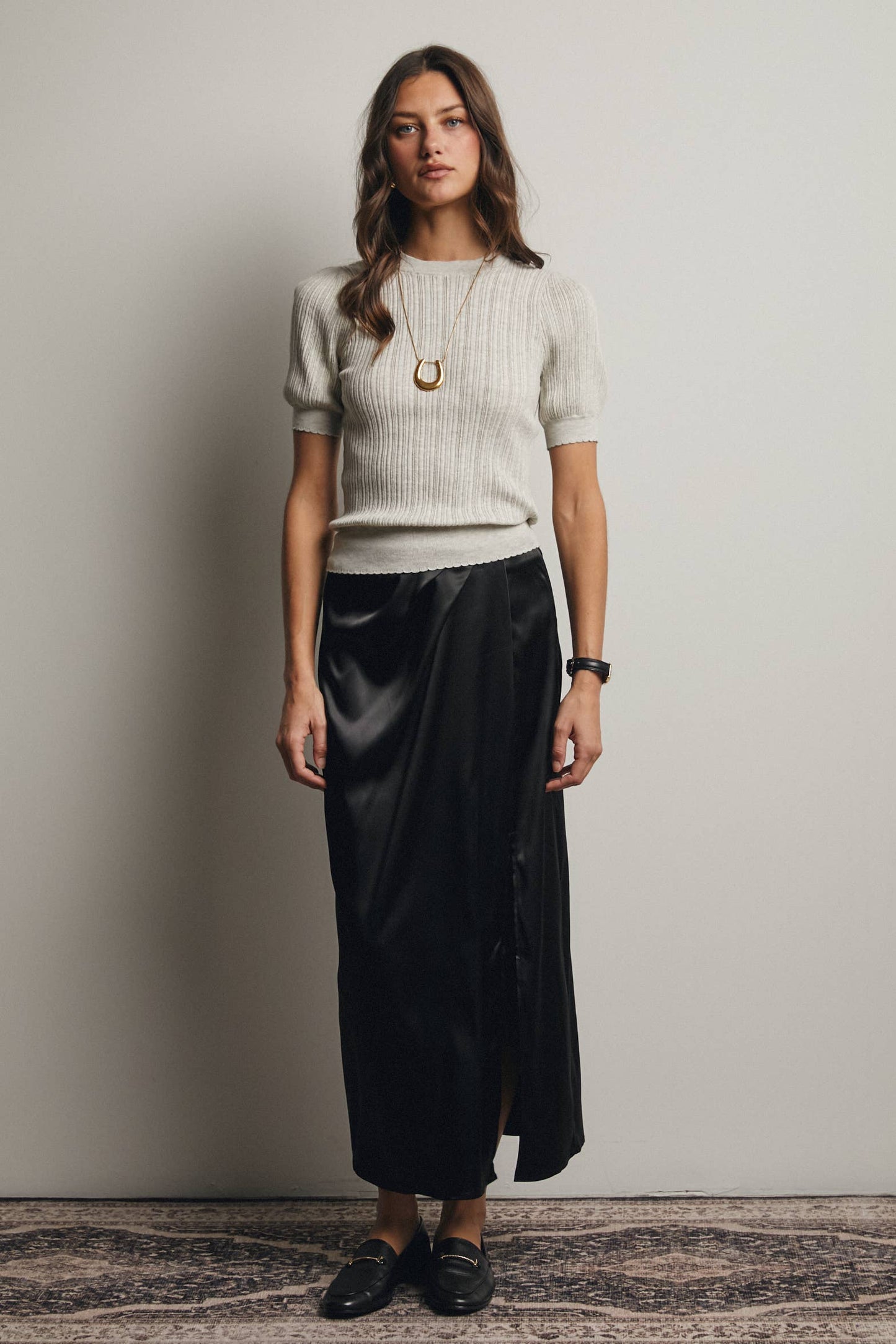 Midnight Muse Satin Side Slit Midi Skirt