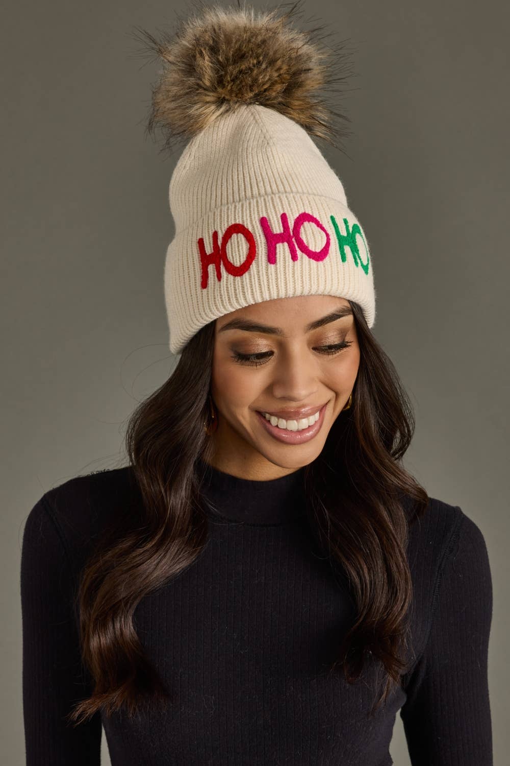 Beige Ho Ho Ho Knit Pom Hat