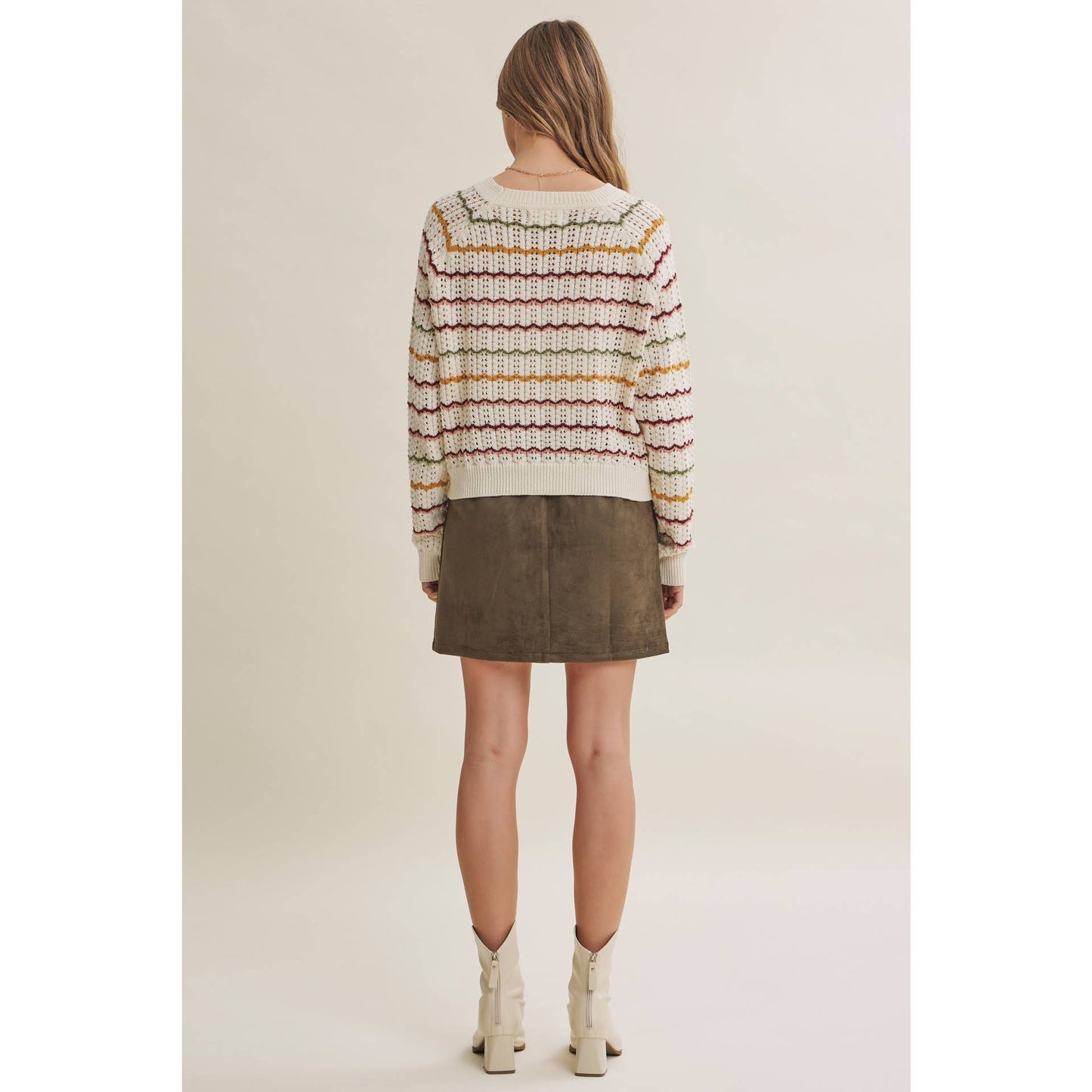ARTISAN MULTI-COLOR CROCHET-LIKE SCALLOP STRIPE SWEATER