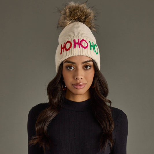 Beige Ho Ho Ho Knit Pom Hat