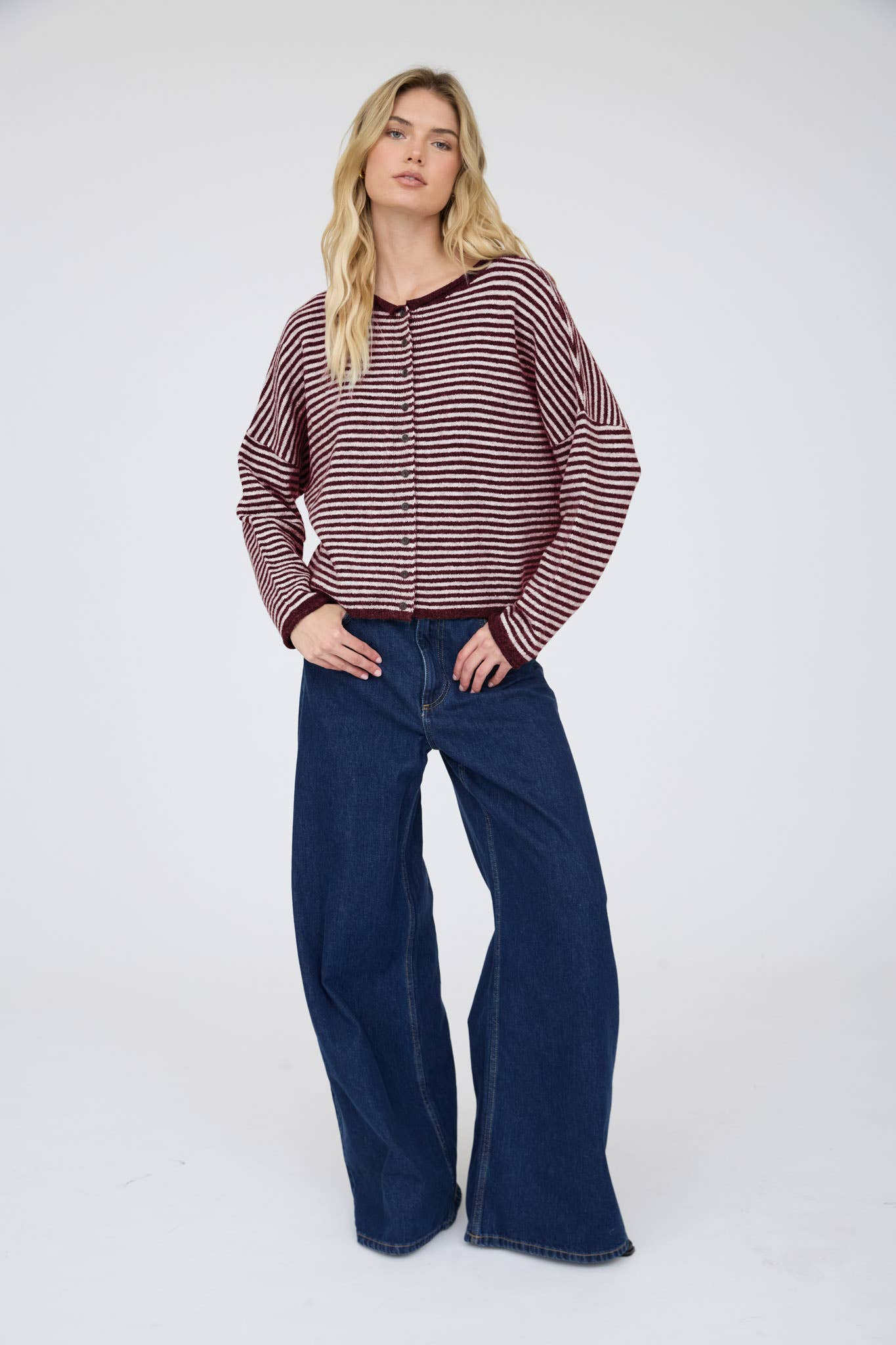 STRIPE RAW EDGE DROP SHOULDER KNIT CARDIGAN