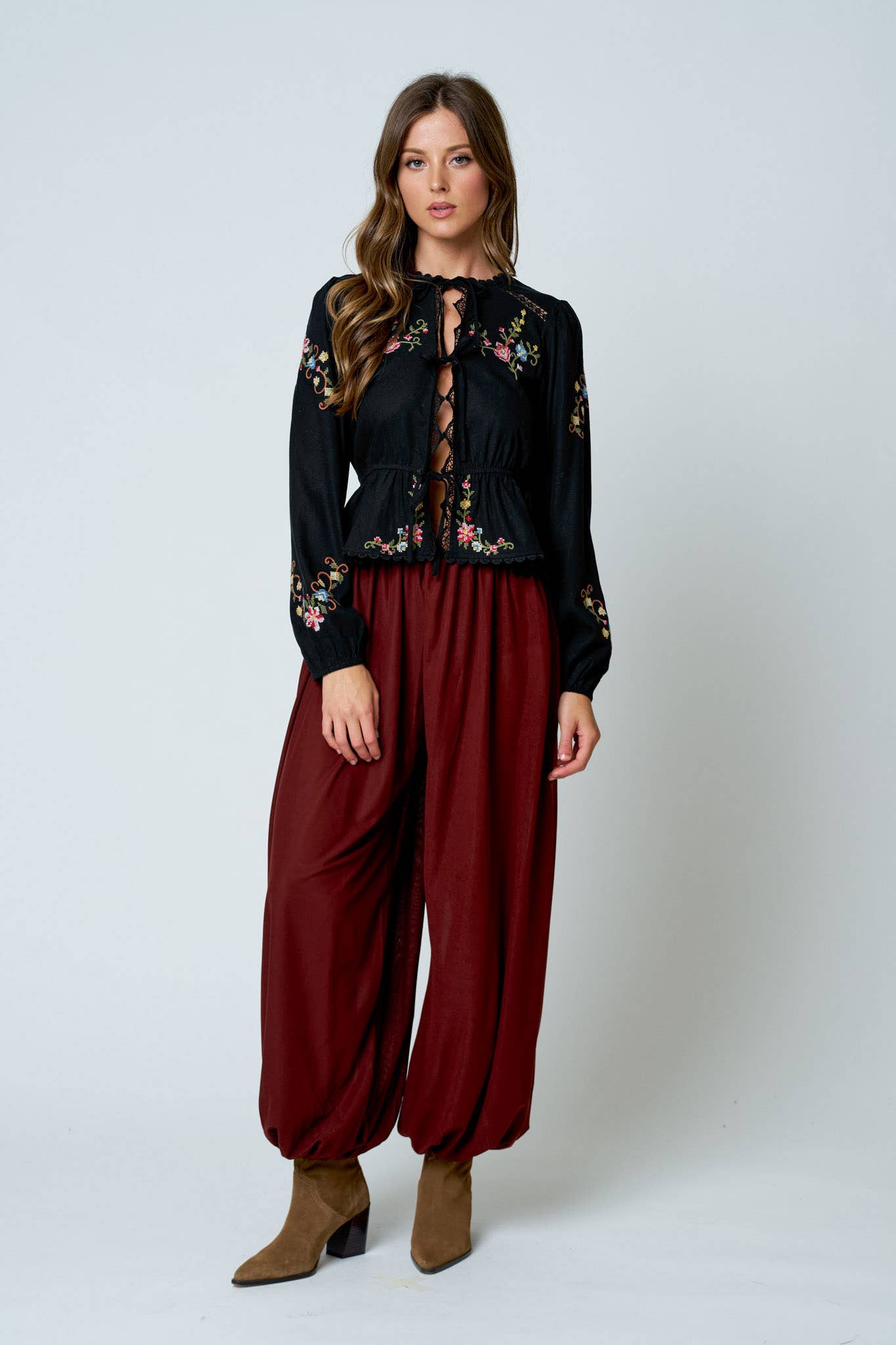 FLORAL EMBROIDERY CROCHET LACE TRIM FRONT TIE TOP