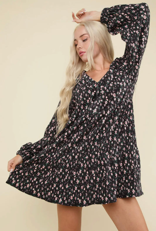 Forget Me Not Flower Printed Babydoll Dress