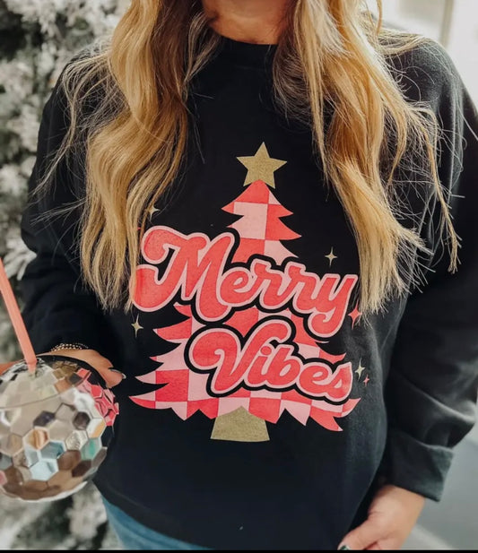 Pink Checkered Merry Vibes Crewneck Sweatshirt
