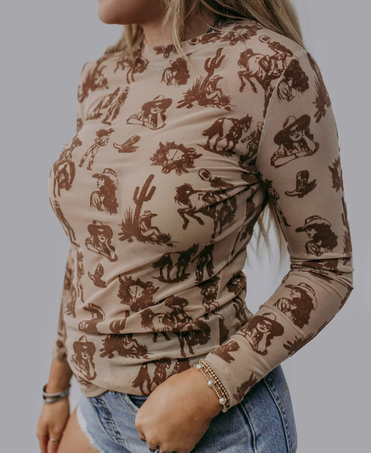 Desert Dreams Velvet Mesh Long Sleeve Top