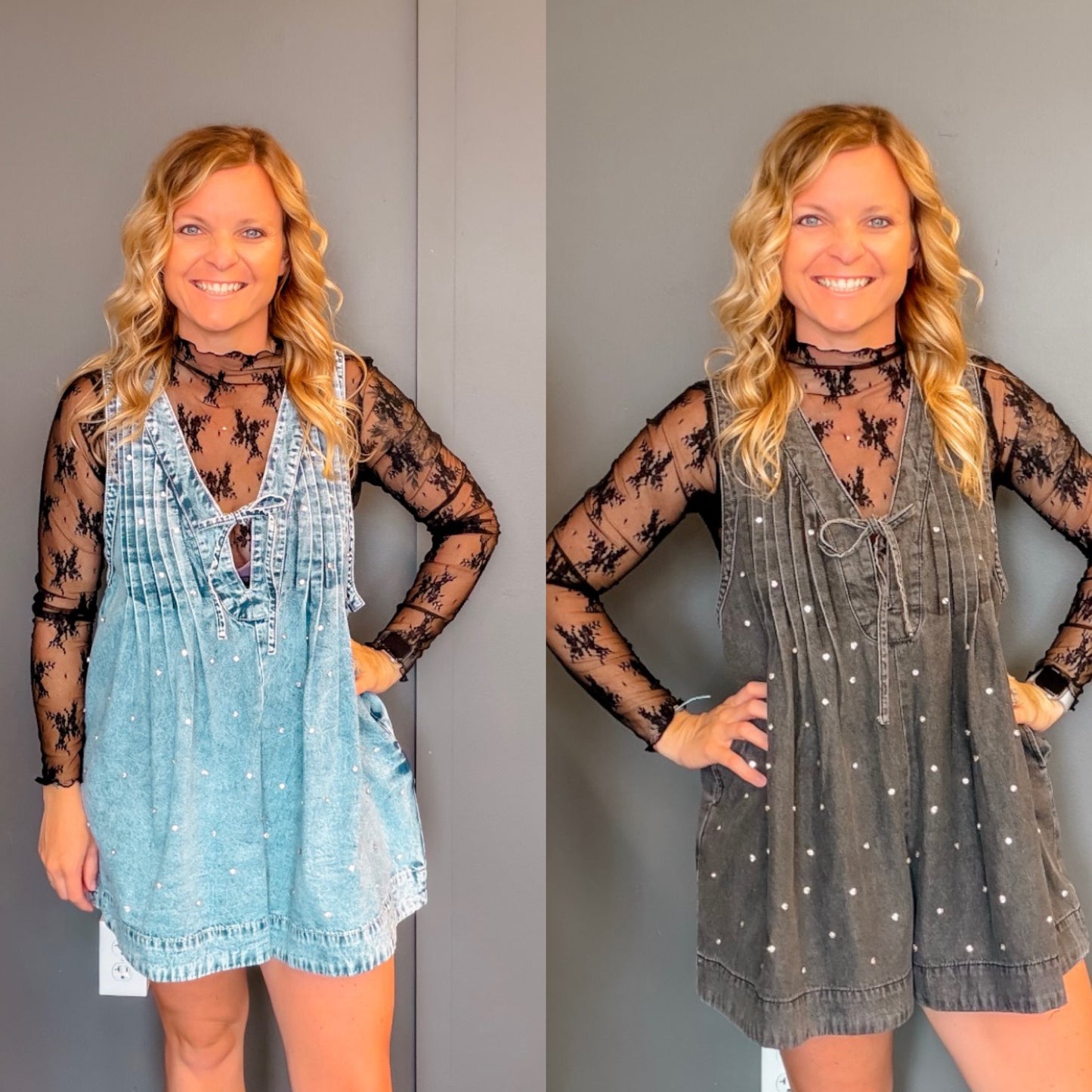Rodeo Charm Pleated Rhinestone Denim Romper