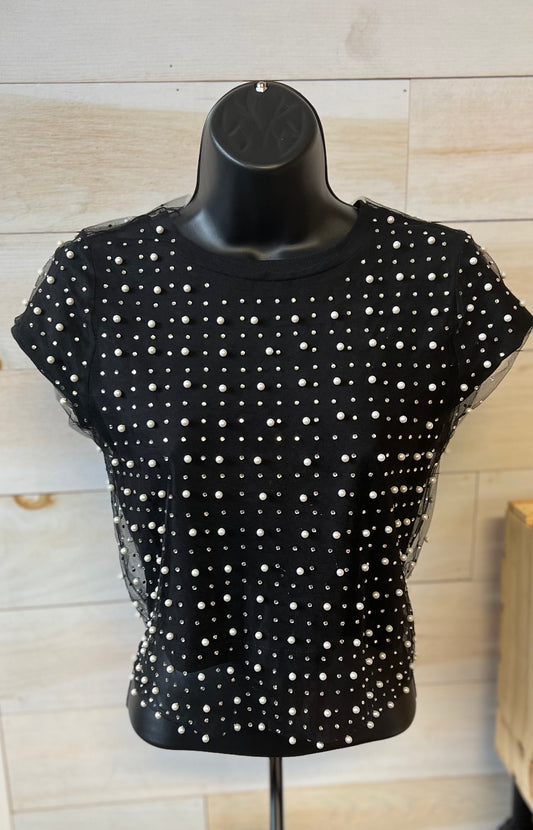 Festival Life Pearl & Rhinestone Mesh Short Sleeve Top