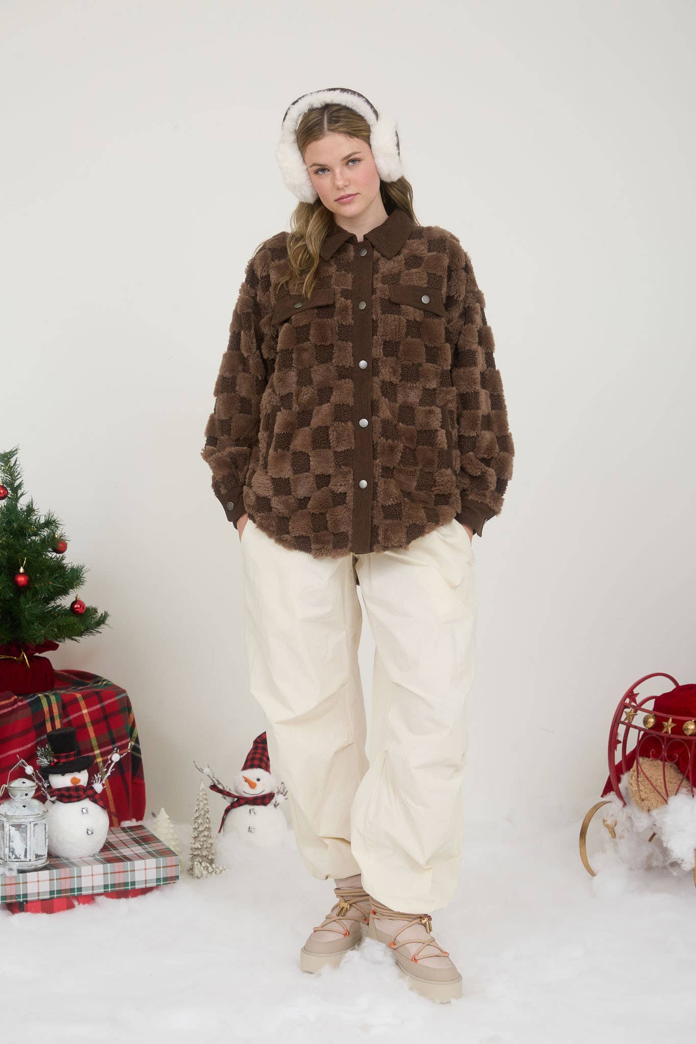 Snuggle Bug Checkered Faux Shearling Button Down Shacket
