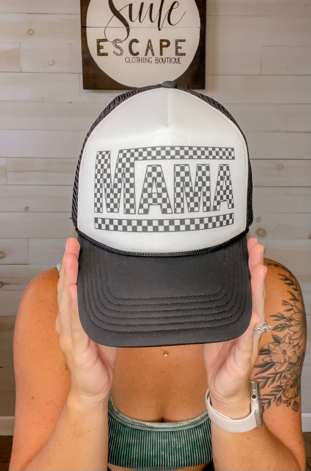Checkered Mama Ponytail Trucker Hat