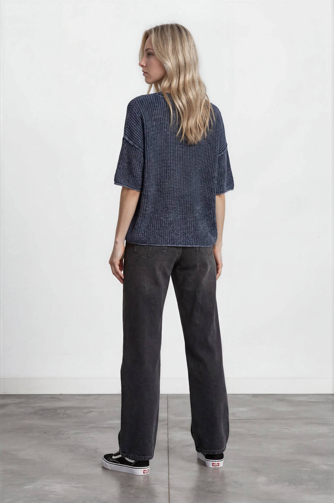 WASHED CREW NECK RAW EDGE SHORT SLEEVE SWEATER