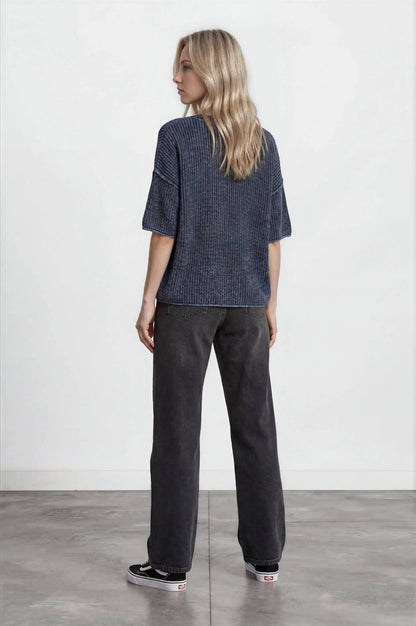 WASHED CREW NECK RAW EDGE SHORT SLEEVE SWEATER