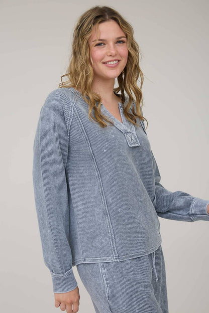 In My Comfy Era Mineral Washed Ribbed Split Neck Long Sleeve Knit Top