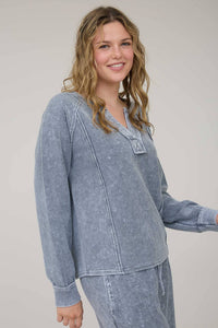 In My Comfy Era Mineral Washed Ribbed Split Neck Long Sleeve Knit Top