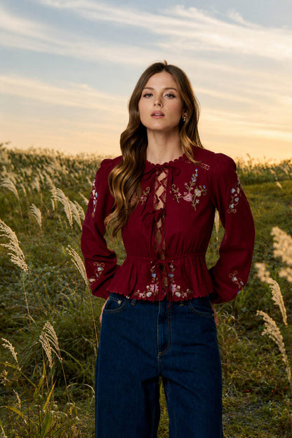 FLORAL EMBROIDERY CROCHET LACE TRIM FRONT TIE TOP