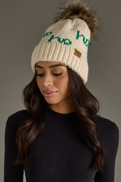 Beige & Green Ho Ho Ho Pom Hat