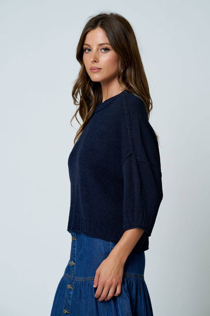 CREW NECK DROP SHOULDER RAW EDGE KNIT TOP