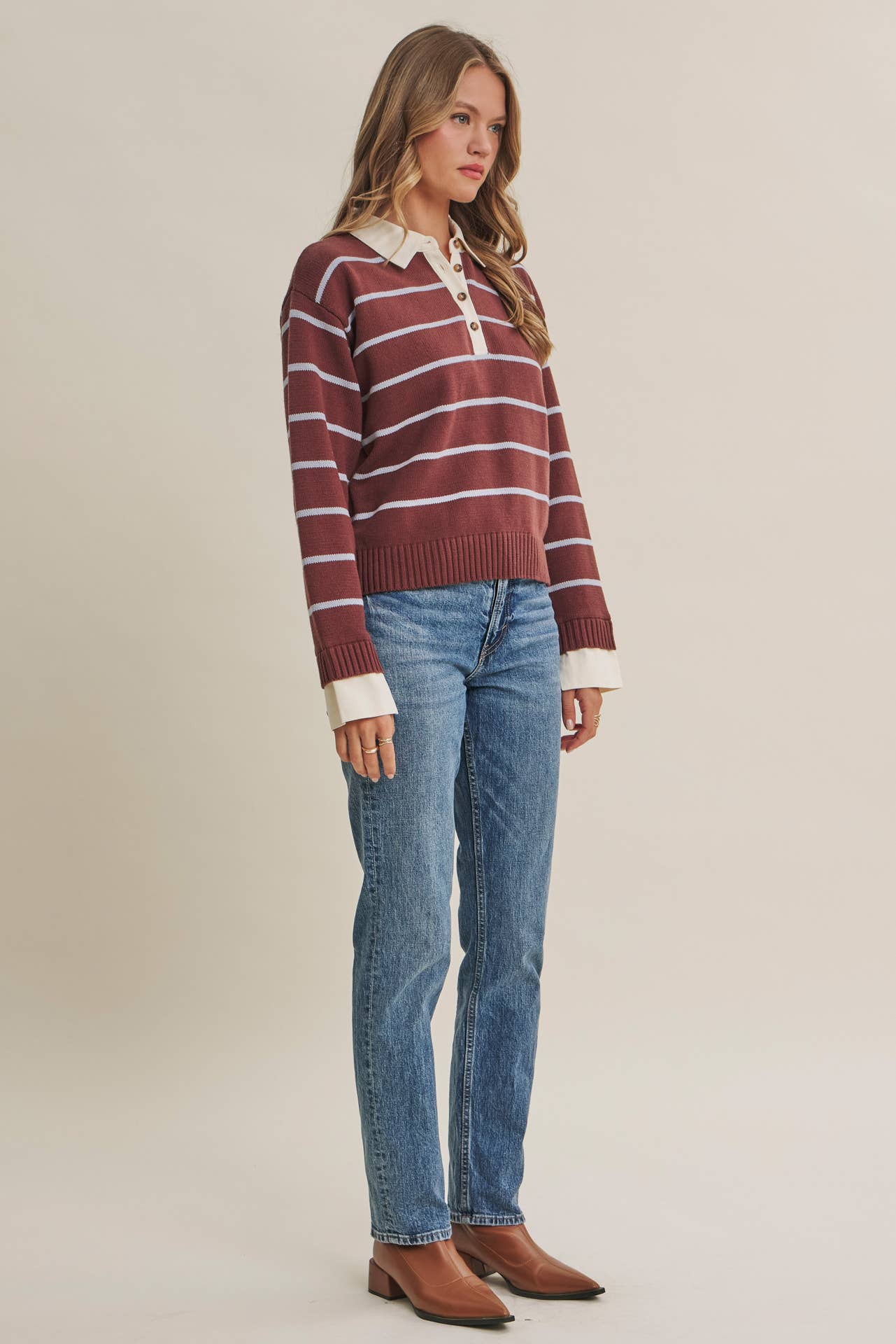 MODERN HERITAGE STRIPE HENLEY TWOFER SWEATER TOP