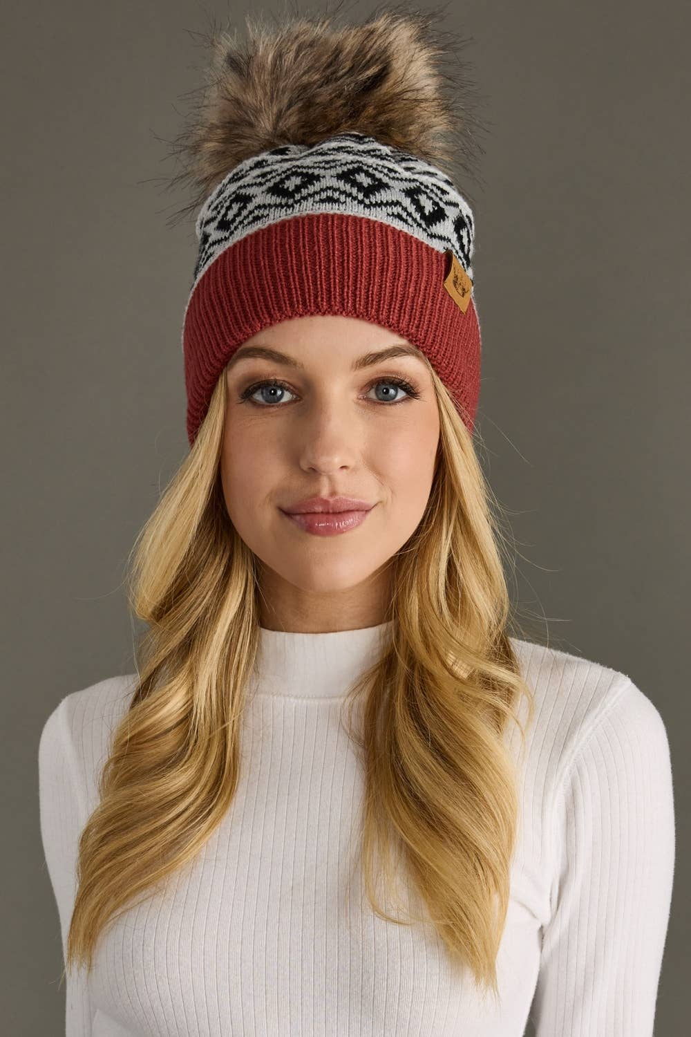 Gray, Black & Rust Pattern Pom Hat