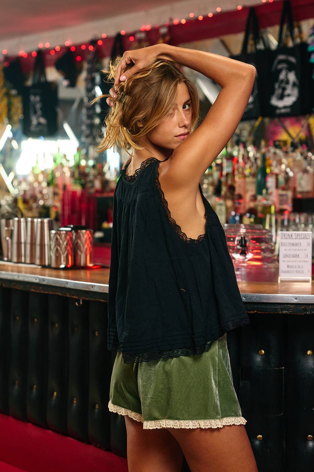 IT2442 | Bow Tie Front Lace Trimmed Tank Top: Black / S-M-L (2-2-2)