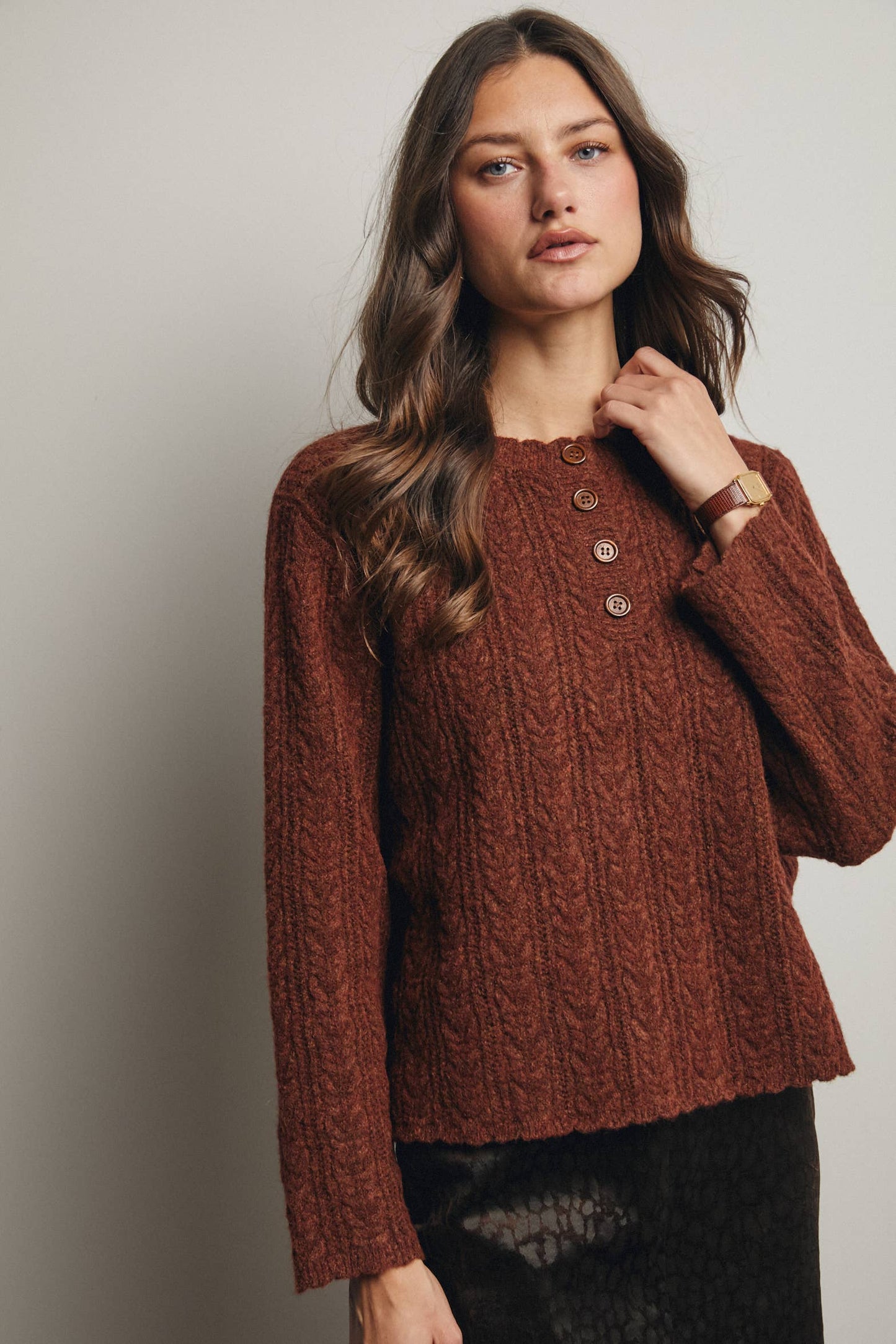 Buttoned Up & Cozy Cable Knit Henley Sweater