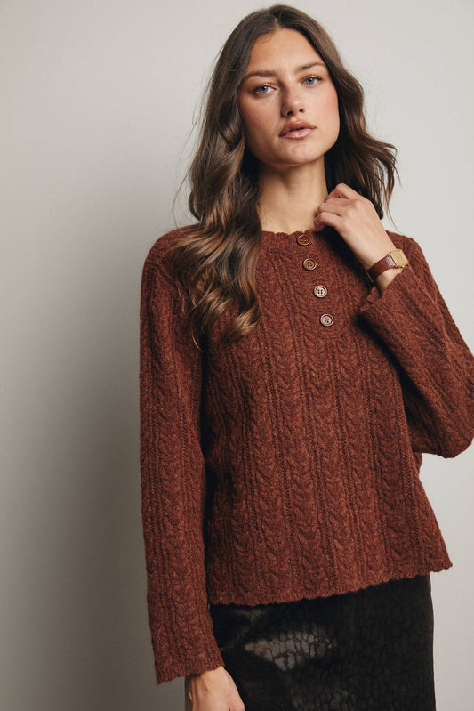 Buttoned Up & Cozy Cable Knit Henley Sweater