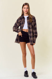 Bonfire Nights Plaid Flannel Shirt W/ Frayed Hem