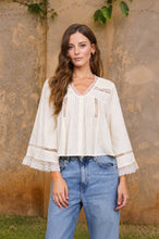 Load image into Gallery viewer, TEXTURED STRIPE LACE TRIM PLEATED BUTTON DOWN TOP