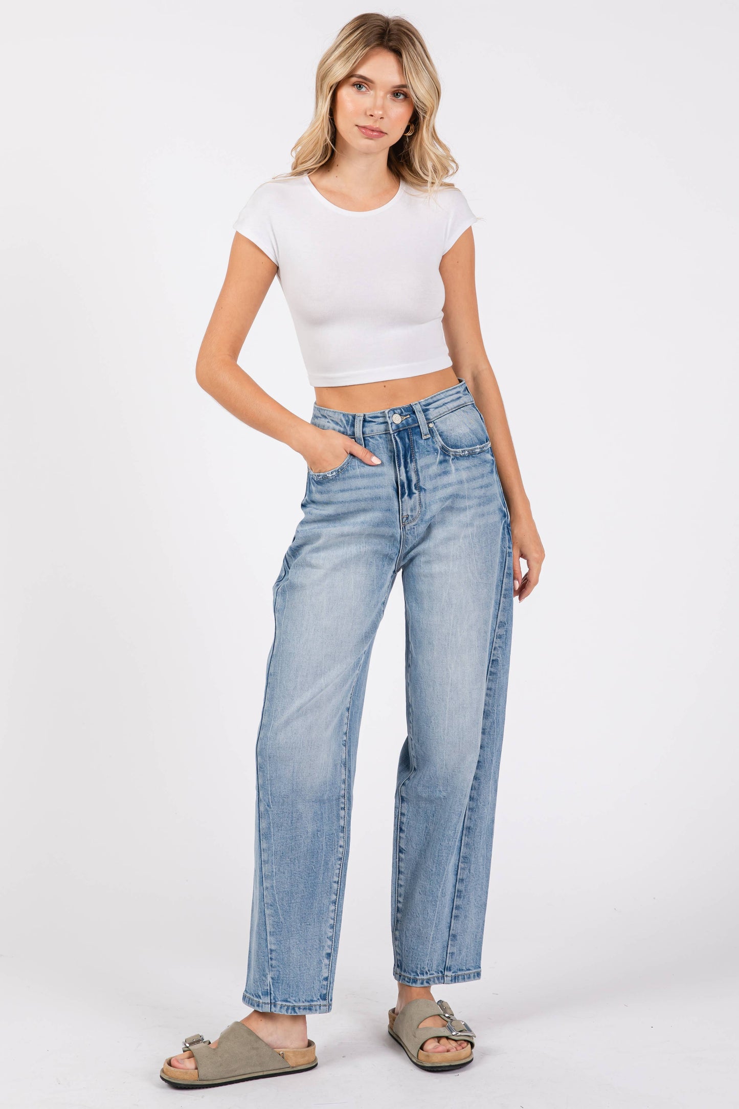 LM SIDE SEAM DETAILING HIGH RISE COMFORT BARREL JEANS