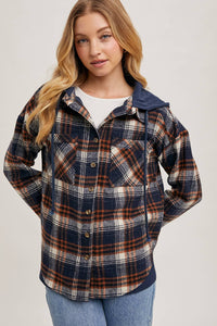 Wrapped in Warmth Button Down Contrast Hooded Plaid Jacket/Shacket