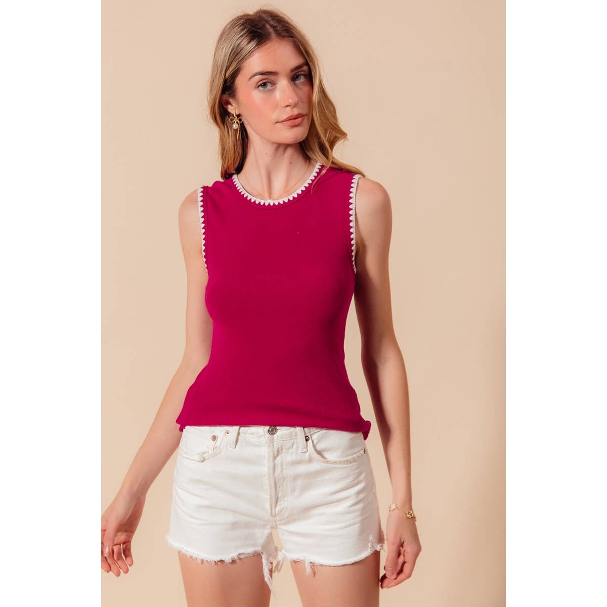 RIB SLEEVELESS TANK TOP EMBROIDERY DETAIL