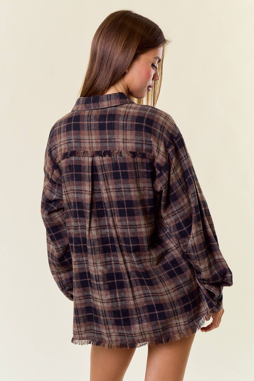 Bonfire Nights Plaid Flannel Shirt W/ Frayed Hem