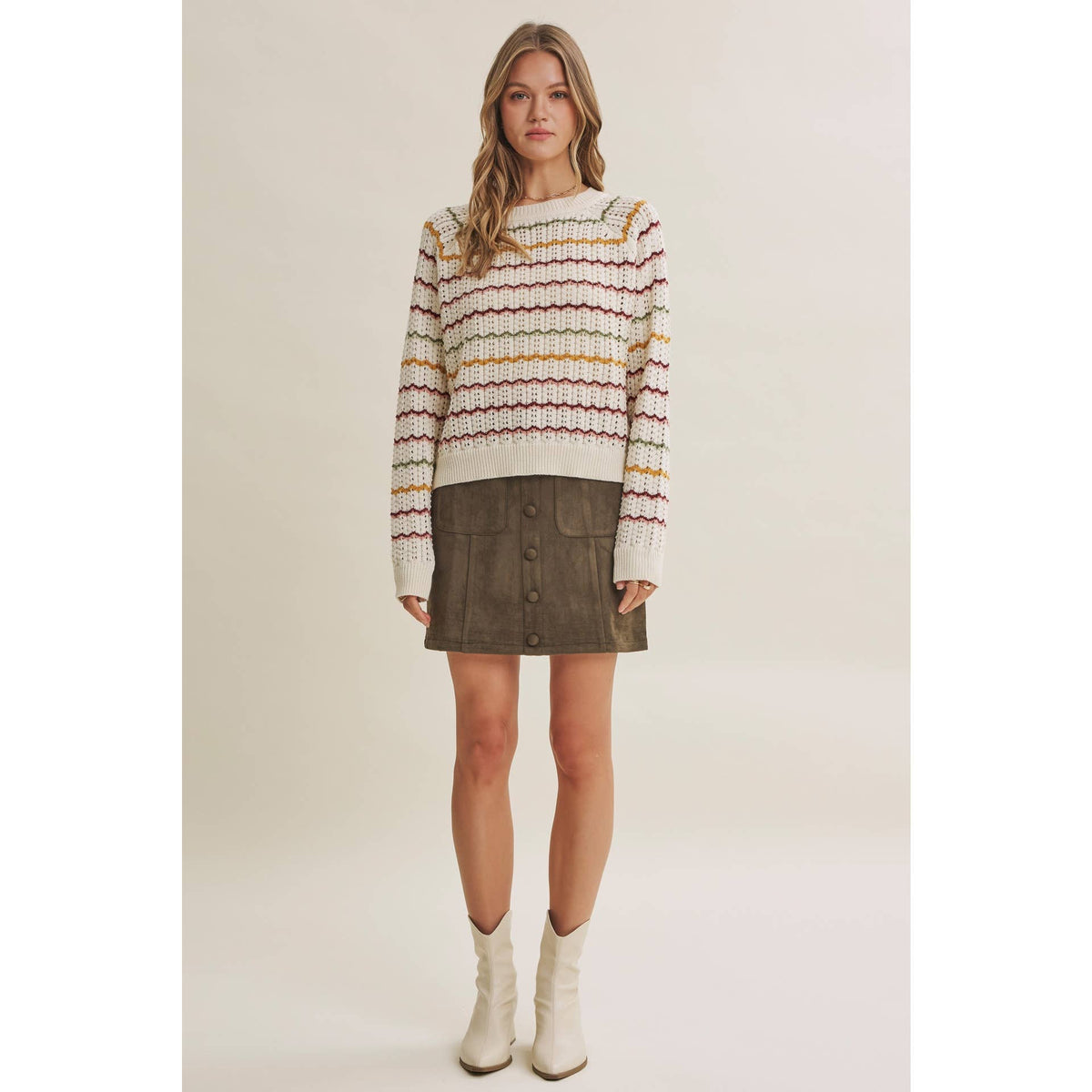 ARTISAN MULTI-COLOR CROCHET-LIKE SCALLOP STRIPE SWEATER