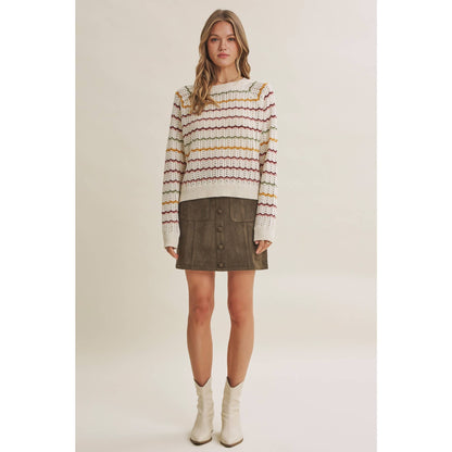 ARTISAN MULTI-COLOR CROCHET-LIKE SCALLOP STRIPE SWEATER
