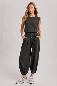 Out and About Drawstring Waist Sleeveless Knit Active Jumpsuit