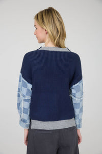 Mix & Match Checkered Denim Sleeve Knit Sweater
