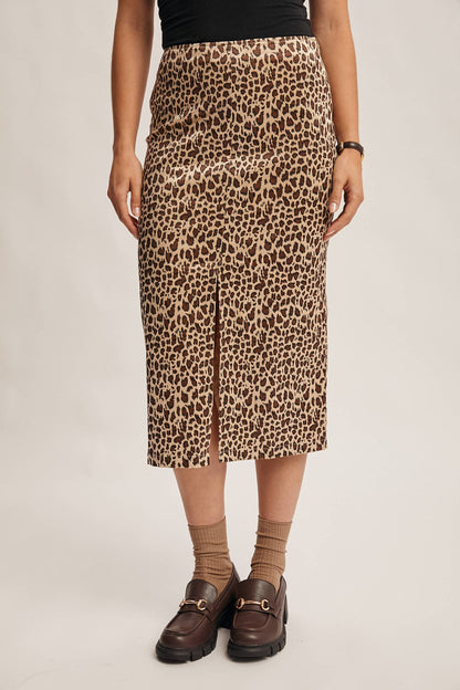 Wild Side Leopard Print Satin Midi Skirt