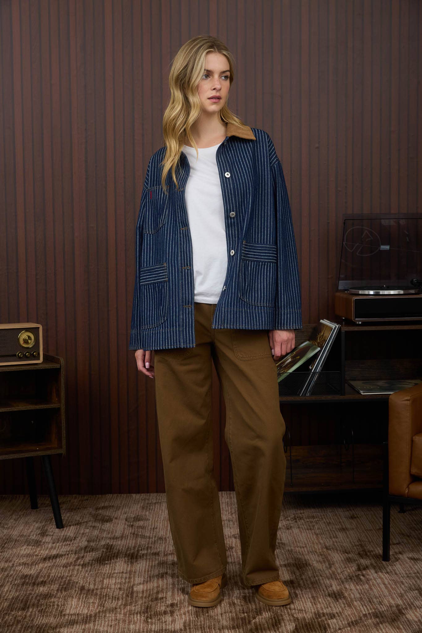 STRIPE CORDUROY COLLAR DENIM SHACKET