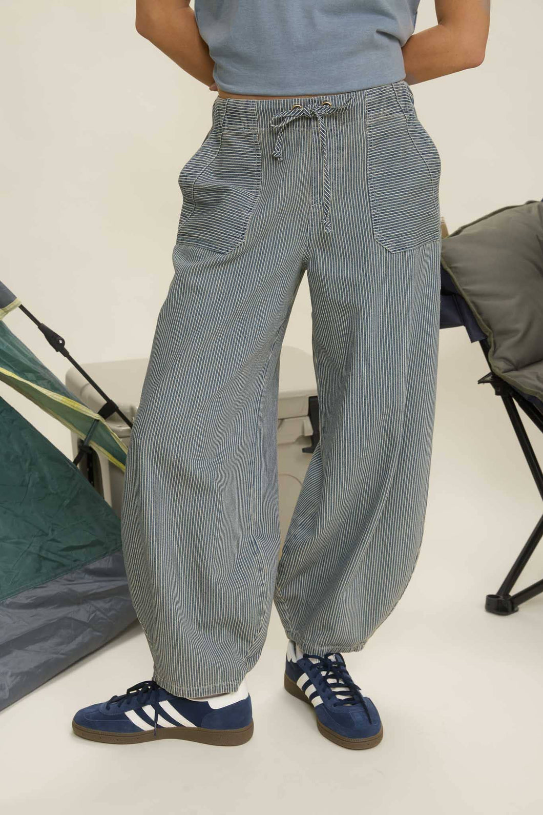 STRIPE DENIM PARACHUTE PANTS