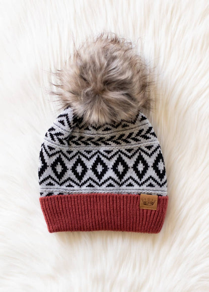 Gray, Black & Rust Pattern Pom Hat