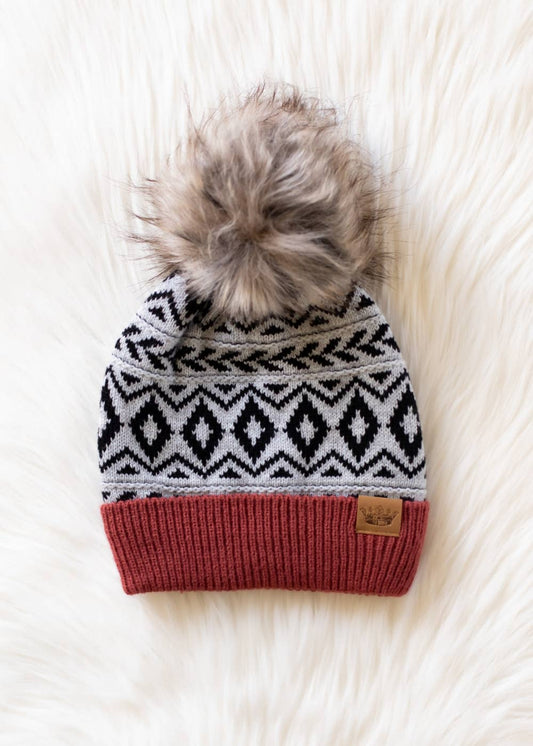 Gray, Black & Rust Pattern Pom Hat