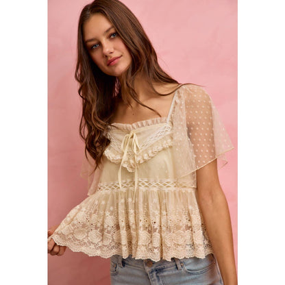 BOHEMIAN LACE TRIM RUFFLED MESH DOT BLOUSE TOP