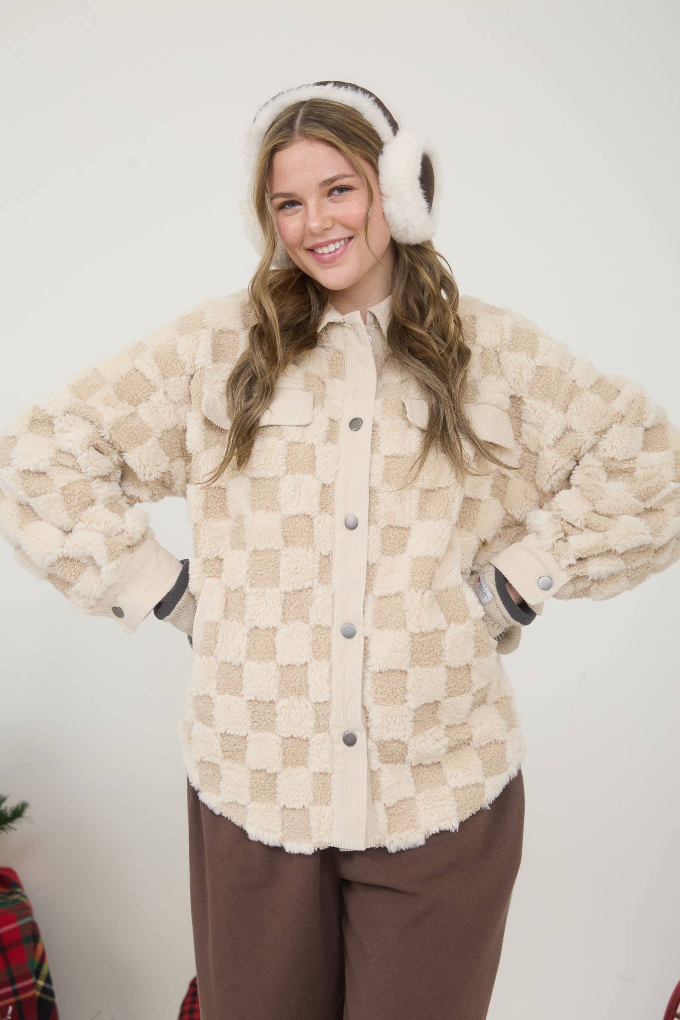Snuggle Bug Checkered Faux Shearling Button Down Shacket