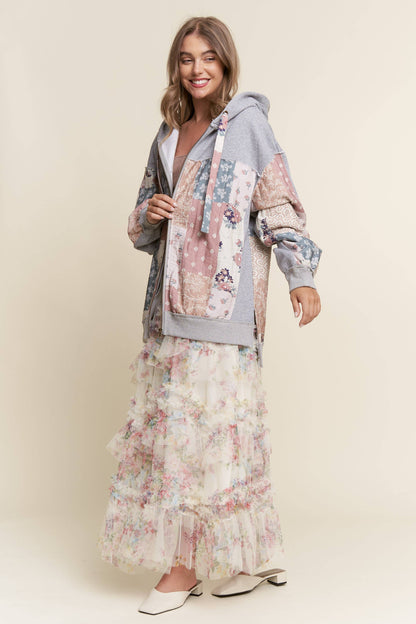Multi Pattern Patchwork Zipper Hoodie