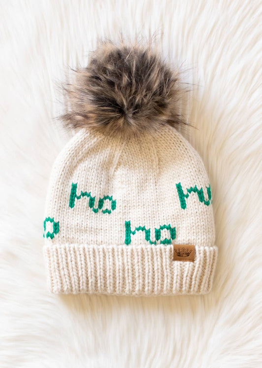 Beige & Green Ho Ho Ho Pom Hat