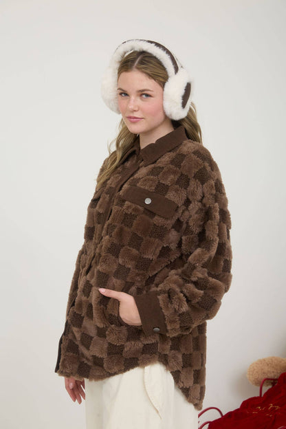 Snuggle Bug Checkered Faux Shearling Button Down Shacket