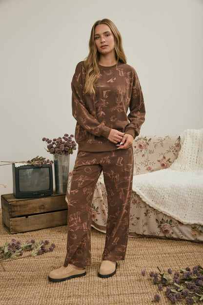 Western Print Crew Neck Knit Top