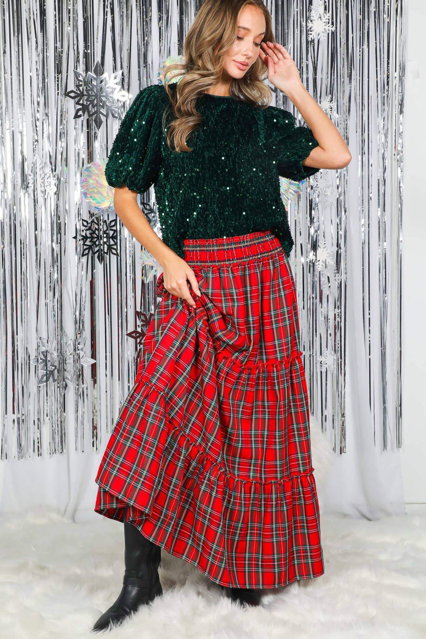 Feelin’ Festive Flowy Plaid Tiered Maxi Skirt