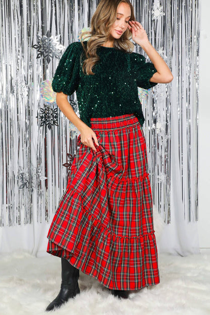 Feelin’ Festive Flowy Plaid Tiered Maxi Skirt