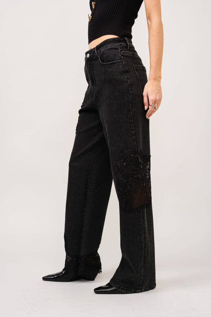 Lace Patchwork Straight Leg Jeans